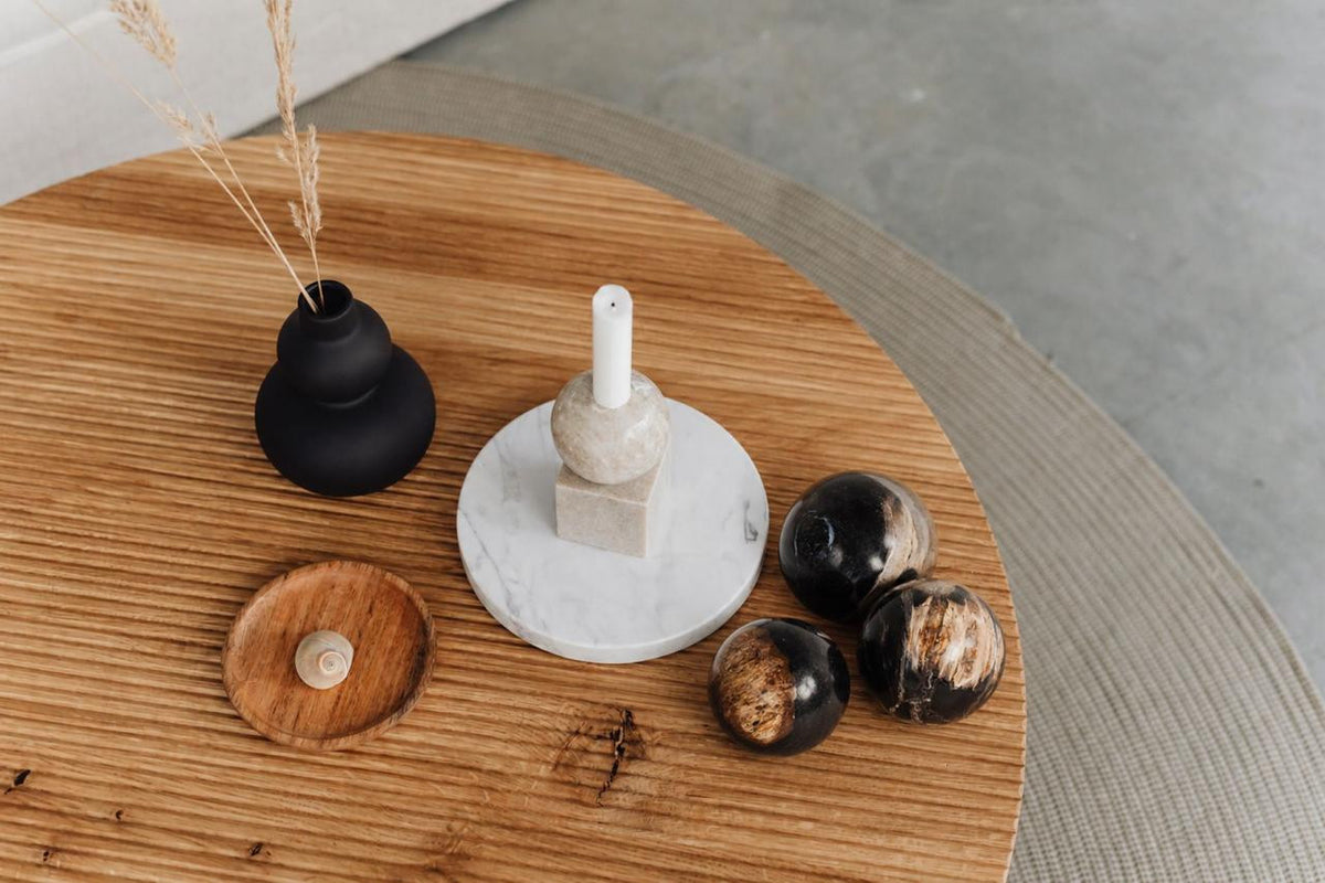 Alternate view of the Palu Petrified Wood Sphere Set arranged together as a three-piece sculptural grouping.