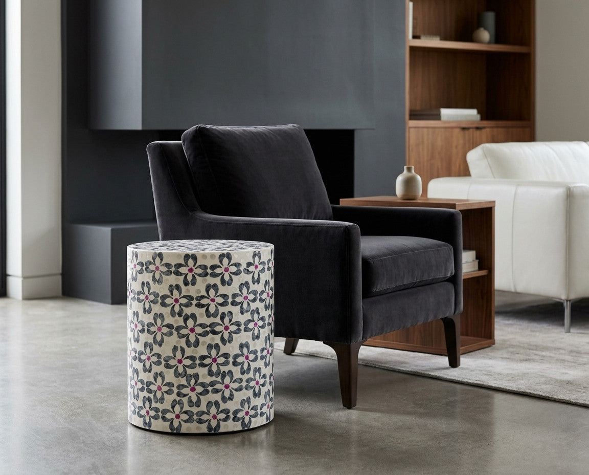 The Florence Accent Stool shown in a clean product view highlighting its materials, finish, and overall silhouette.
