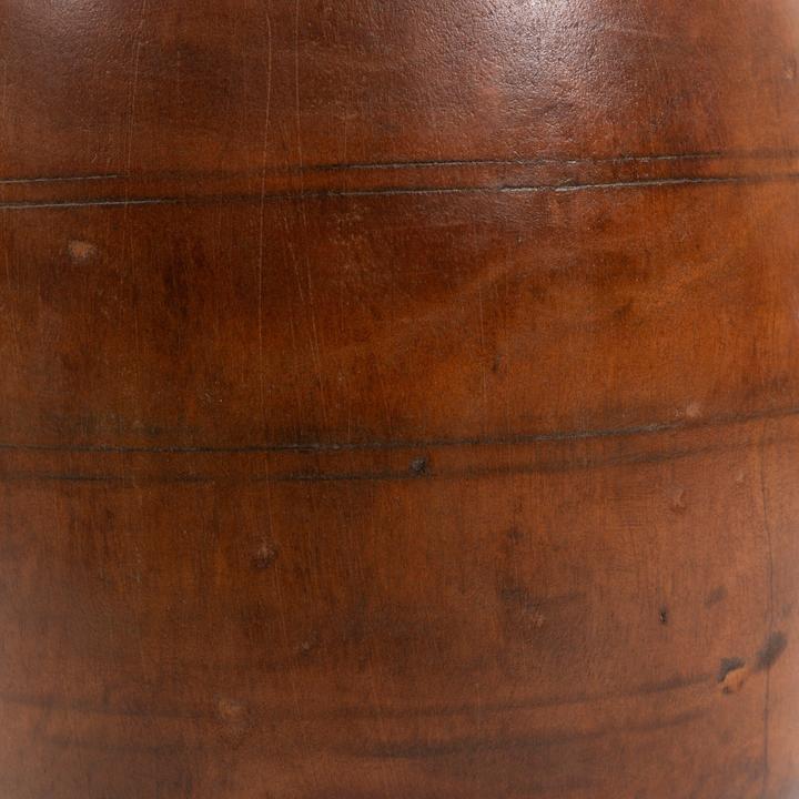 Profile view of the Pauline Reclaimed Wood Vessel emphasizing the broad body, narrowed upper profile, and flared rim.
