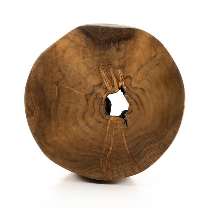 Side view of the Corinne Teak Root End Table emphasizing the naturally sculpted root profile.