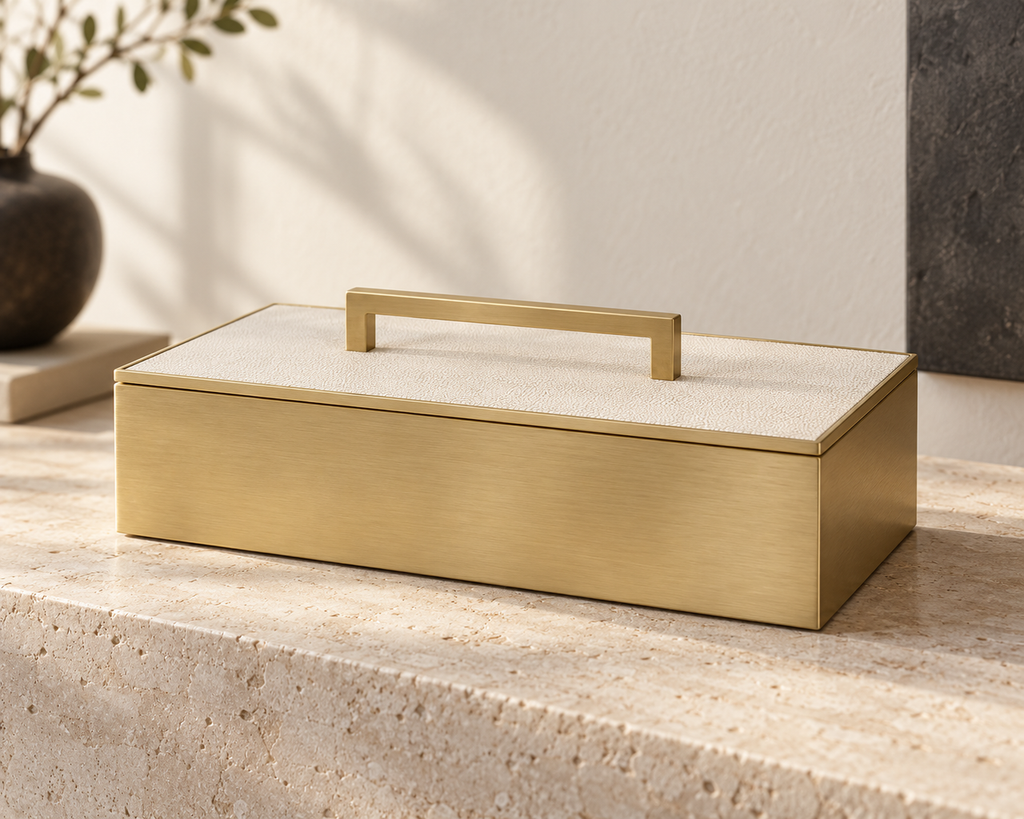 Detail product view of The Constance Decorative Box showing the relationship between its materials, edges, and finish.