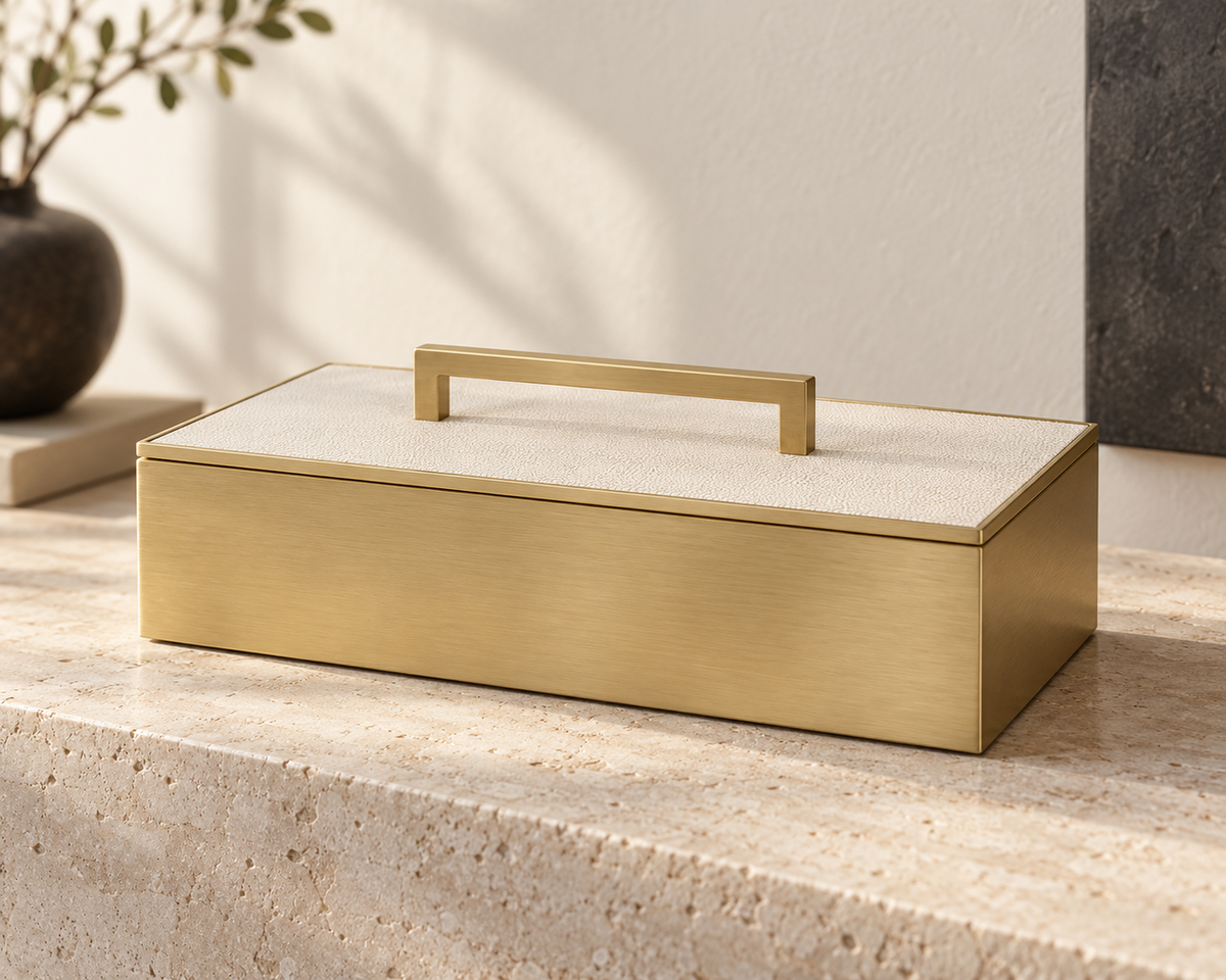 Detail product view of The Constance Decorative Box showing the relationship between its materials, edges, and finish.