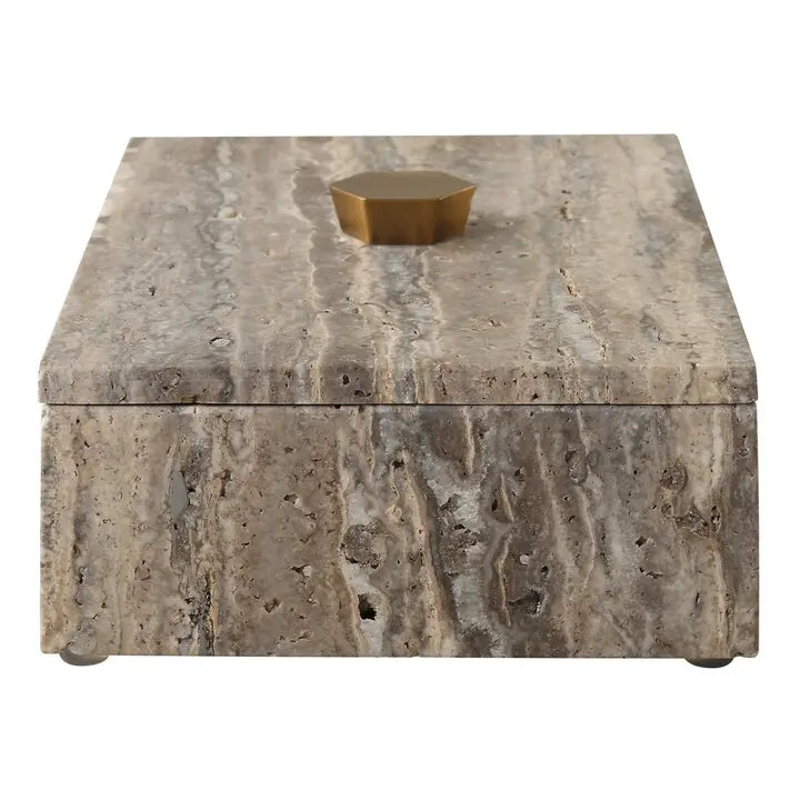 Detail product view of The Augustin Travertine Box showing the relationship between its materials, edges, and finish.