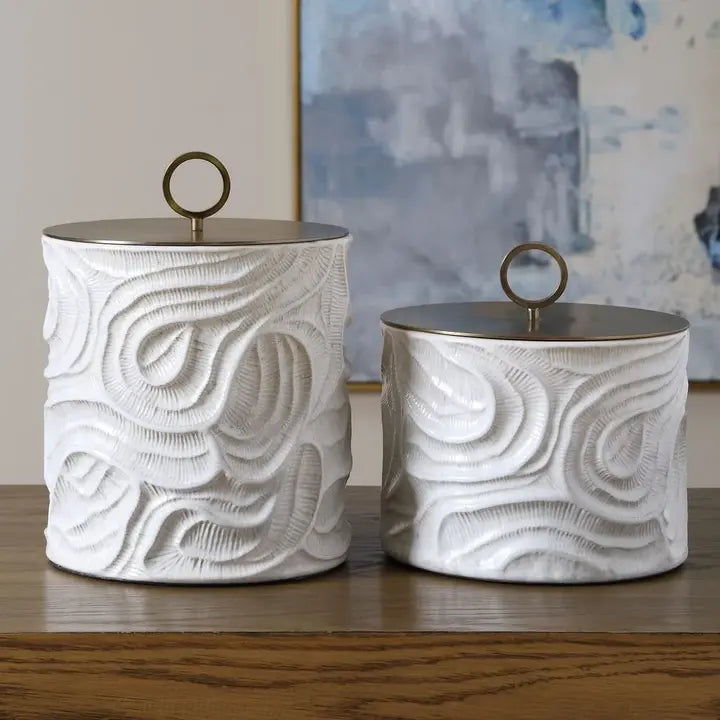 Detail product view of The Marée Canister Set showing the relationship between its materials, edges, and finish.