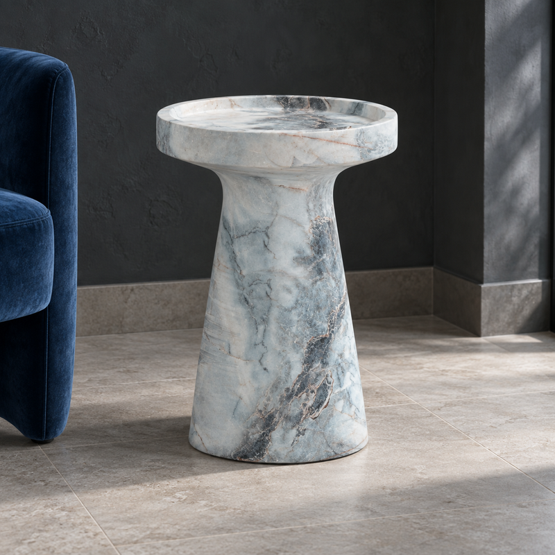 Detail product view of The Léandre Side Table showing the relationship between its materials, edges, and finish.