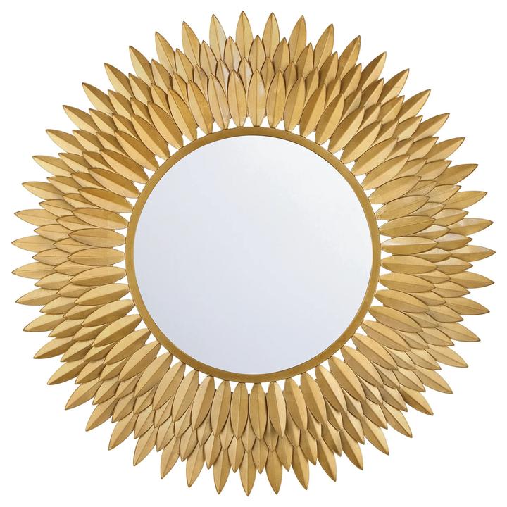 Close product view of the Broche Mirror emphasizing the hand-painted antique-gold finish.