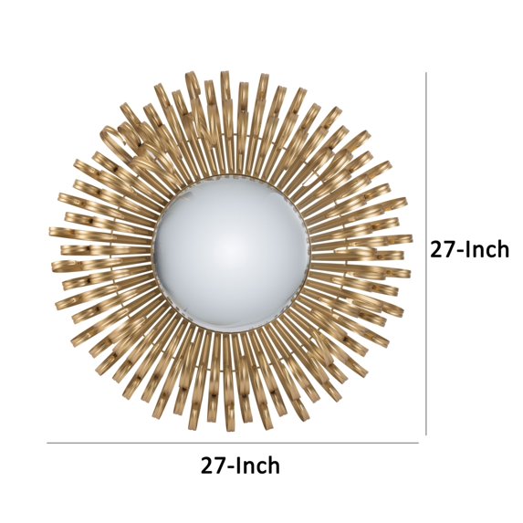 Bérénice Mirror displayed in an additional room setting, highlighting the round center mirror and radiating gold-finished frame.