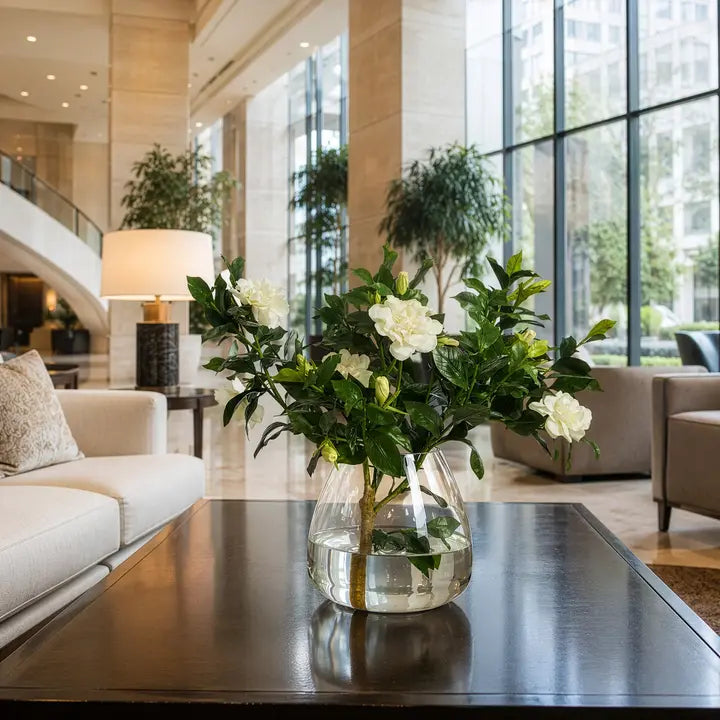 Sylvie Gardenia Arrangement placed on a dark coffee table in a spacious light-filled living room.