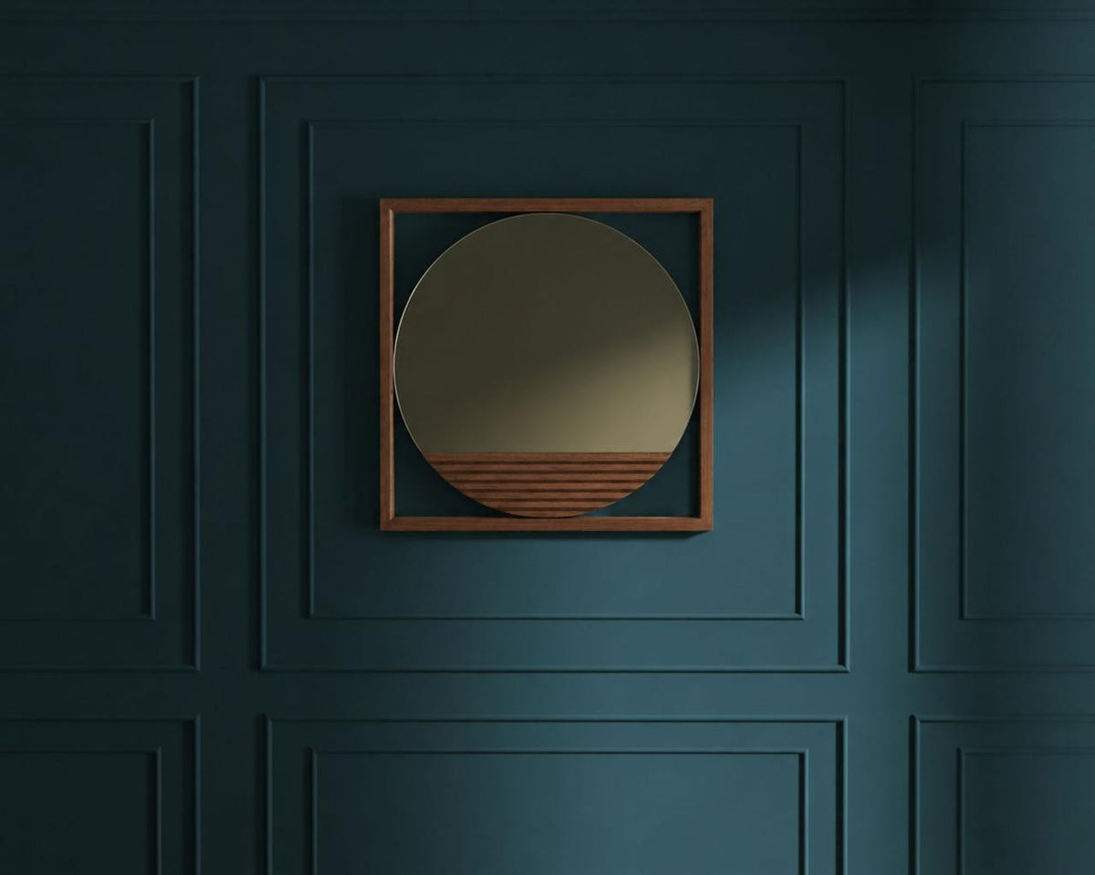 Additional view of the Louise Wood Mirror showing the floating round mirror within the square frame.