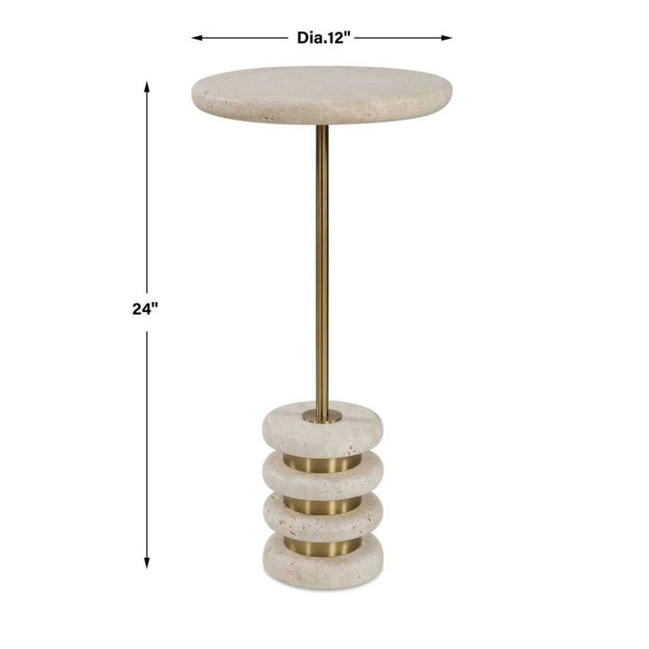 Dimension diagram for The Rémi Travertine Drink Table showing a 24-inch height and 12-inch diameter.