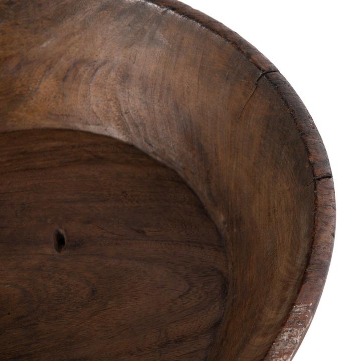 Profile view of the Maya Reclaimed Wood Bowl emphasizing its shallow depth, broad diameter, and grounded timber base.