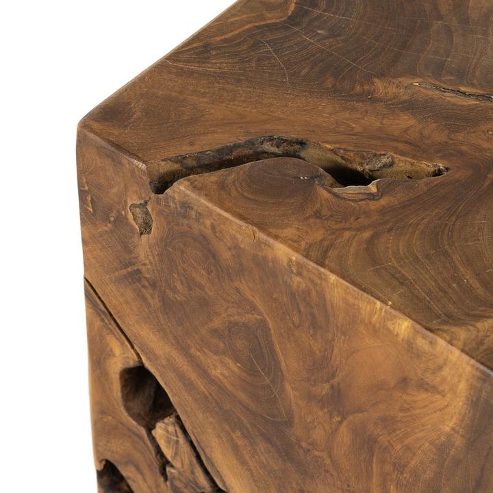 Top view of the Fabienne Teak Root Accent Table showing the compact surface and naturally irregular wood pattern.