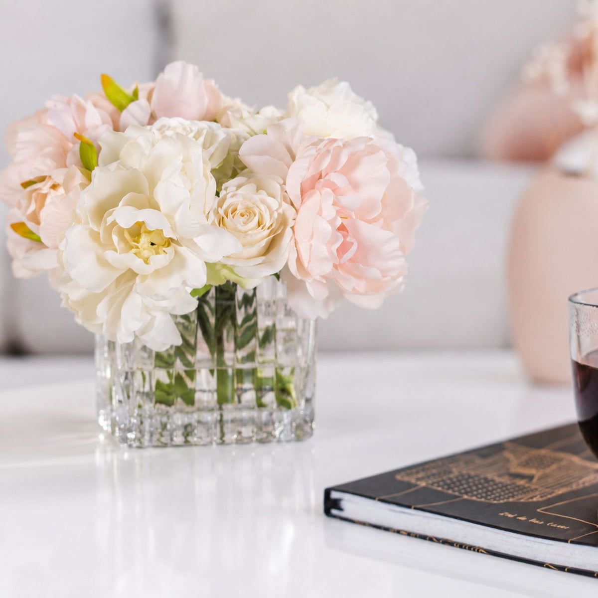 The Rosalie Peony & Rose Arrangement | Blush Peonies & Ivory Roses in Glass