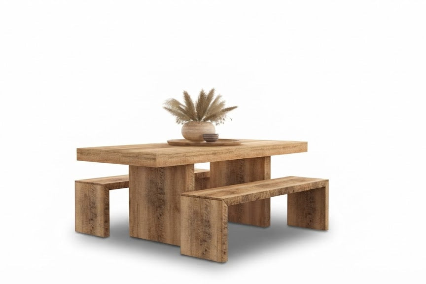The Laurent Dining Set | Solid Mango Wood Table & Benches