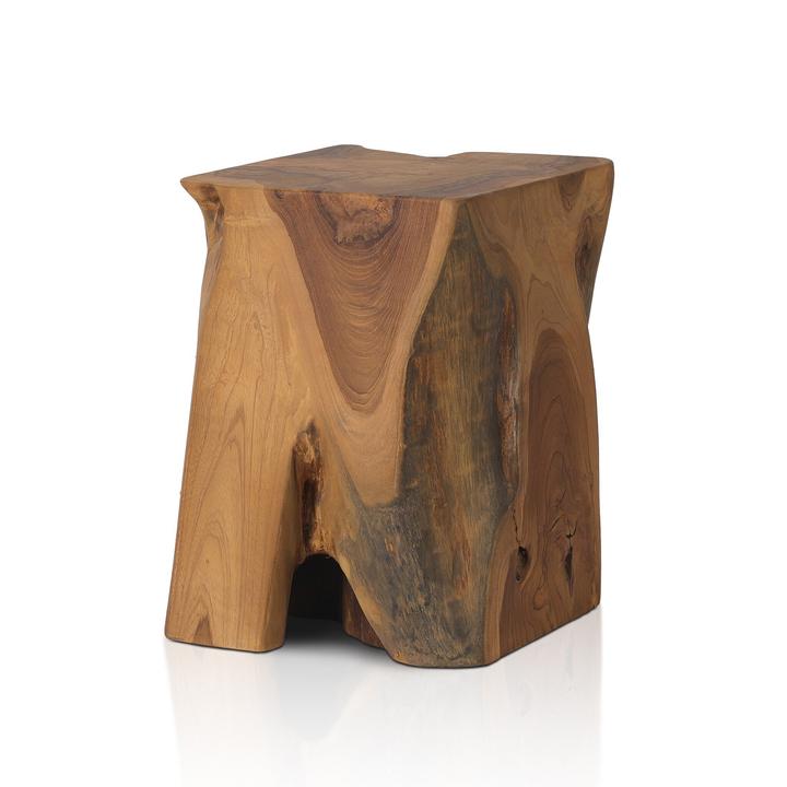 Variation view of the Fabienne Teak Root Accent Table highlighting a different arrangement of knots, openings, and grain.