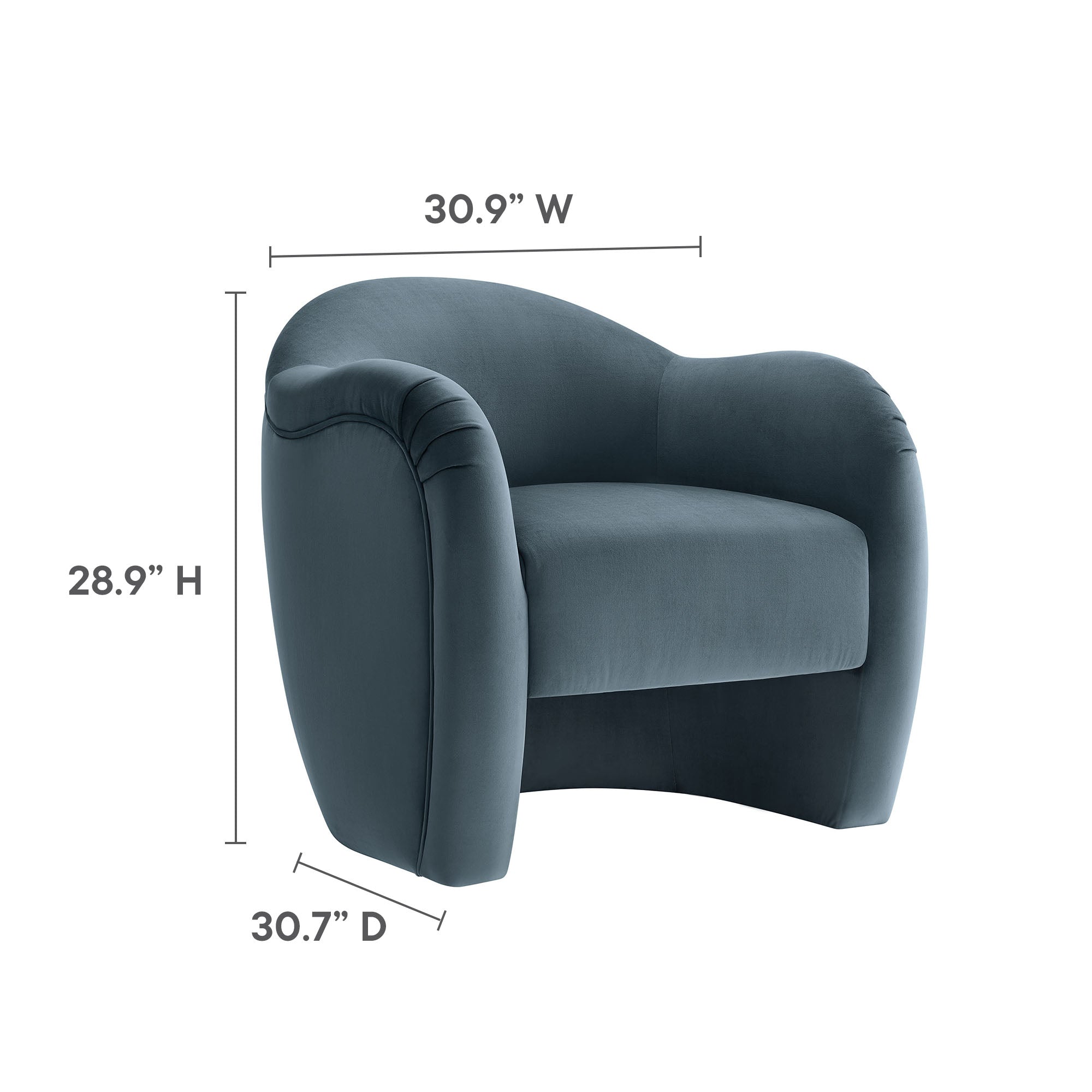 Dimension diagram of the Adeline Armchair showing 30.9 inches wide, 28.9 inches high, 30.7 inches deep