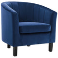 Storm-blue velvet barrel armchair with curved back and pleated arm detail, shown at a front angle