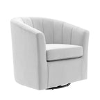 Ivory channel-tufted velvet swivel armchair, shown at a front angle