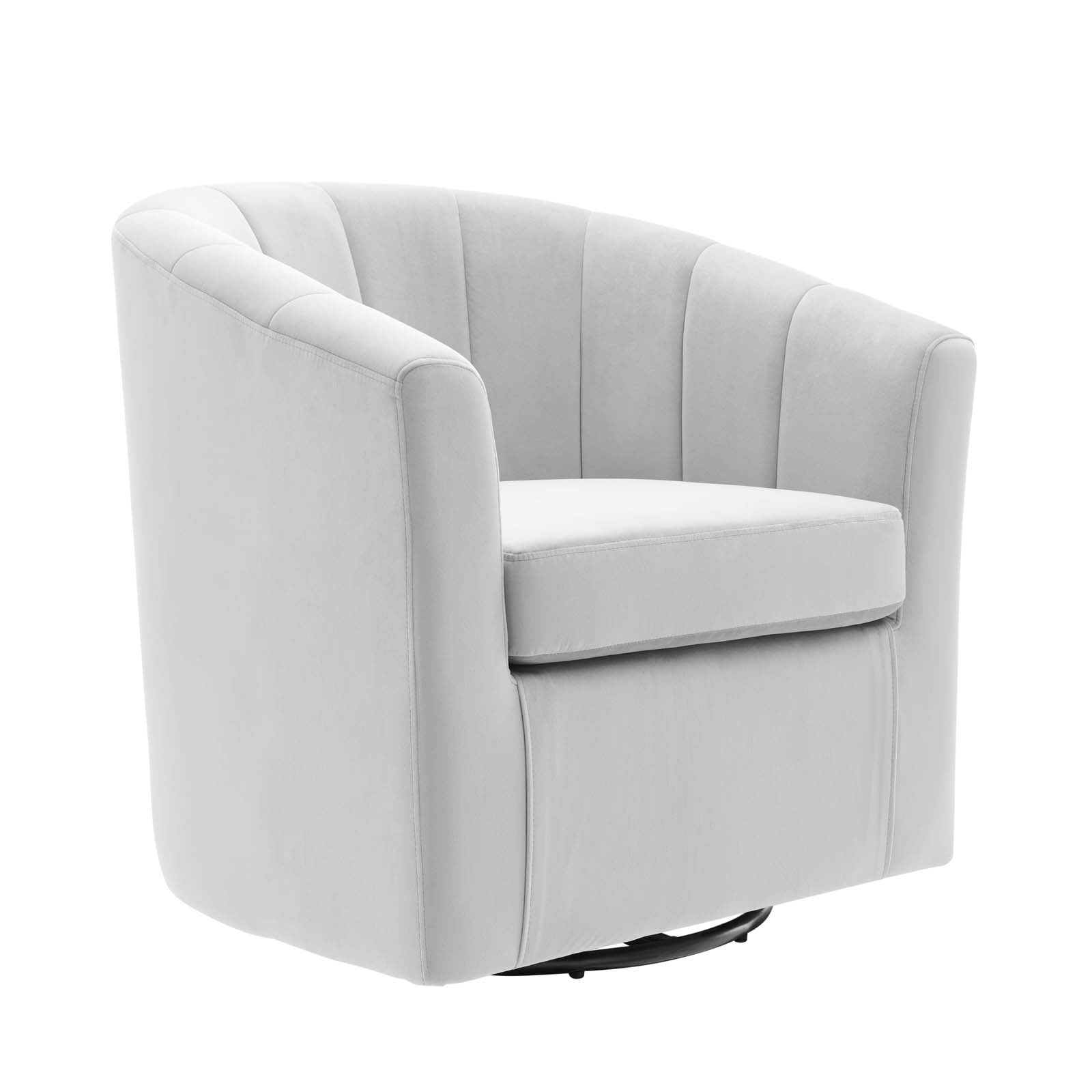 Ivory channel-tufted velvet swivel armchair, shown at a front angle