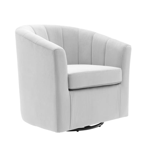 Ivory channel-tufted velvet swivel armchair, shown at a front angle