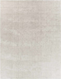 Close-up of tonal ivory and gray interlocking diamond weave pattern on high pile rug