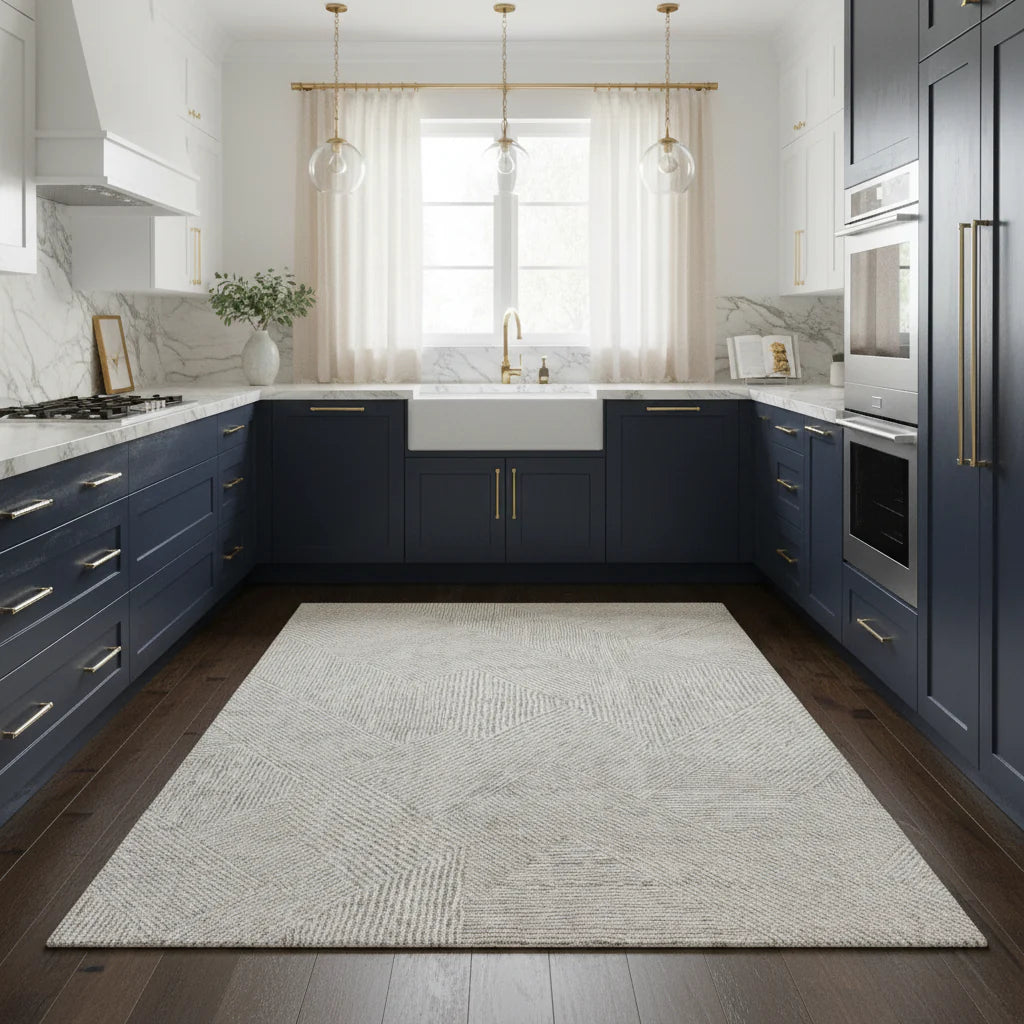 Ivory and gray diamond-patterned area rug on dark hardwood floor in a navy blue kitchen