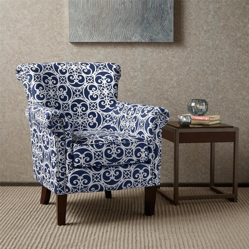 Navy patterned club chair with silver nailhead trim and espresso wood legs, shown straight-on