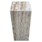 Front view of travertine cube side table showing vertical veining and natural stone pitting