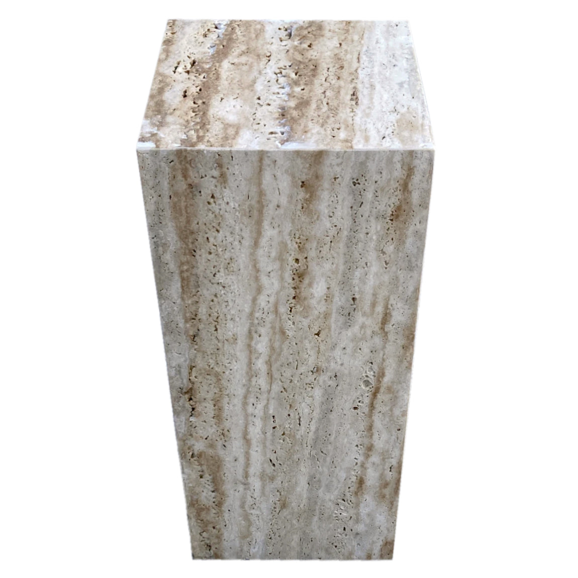 Front view of travertine cube side table showing vertical veining and natural stone pitting
