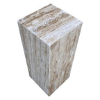 Angled top view of travertine cube side table showing vein-cut surface texture