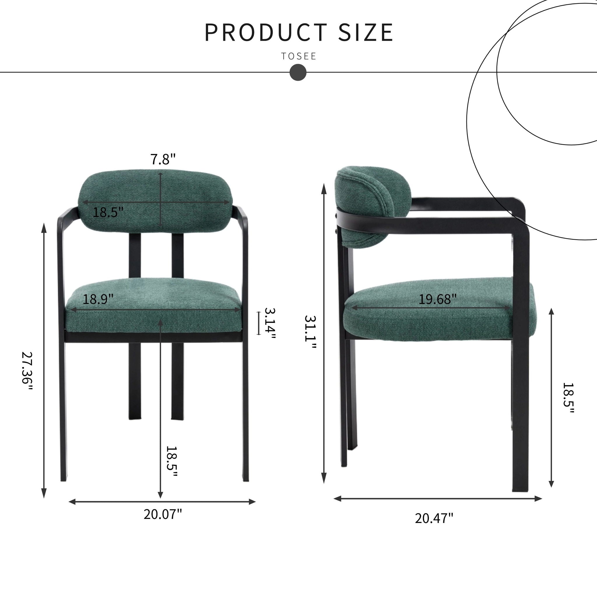 Architectural front and profile view of the Helix dining arm chair in antique green fabric, with black measurement lines detailing its 31.1-inch overall height, 20.47-inch depth, and 20.07-inch width.