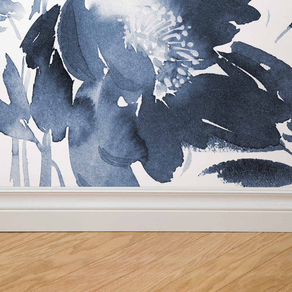 The Élodine Wallpaper — Indigo Watercolor Bloom — baseboard jpg