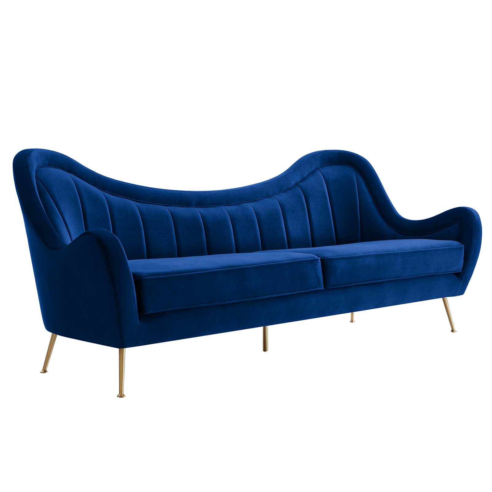 Navy blue velvet sofa with channel-tufted curved back and tapered brushed gold legs, three-quarter view