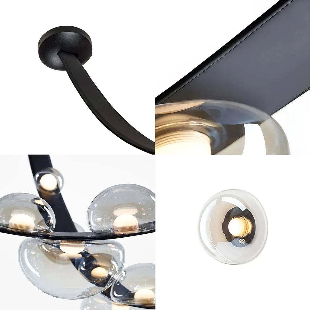 Detail collage showing the leather strap mount, glass globe attachment, and integrated LED source