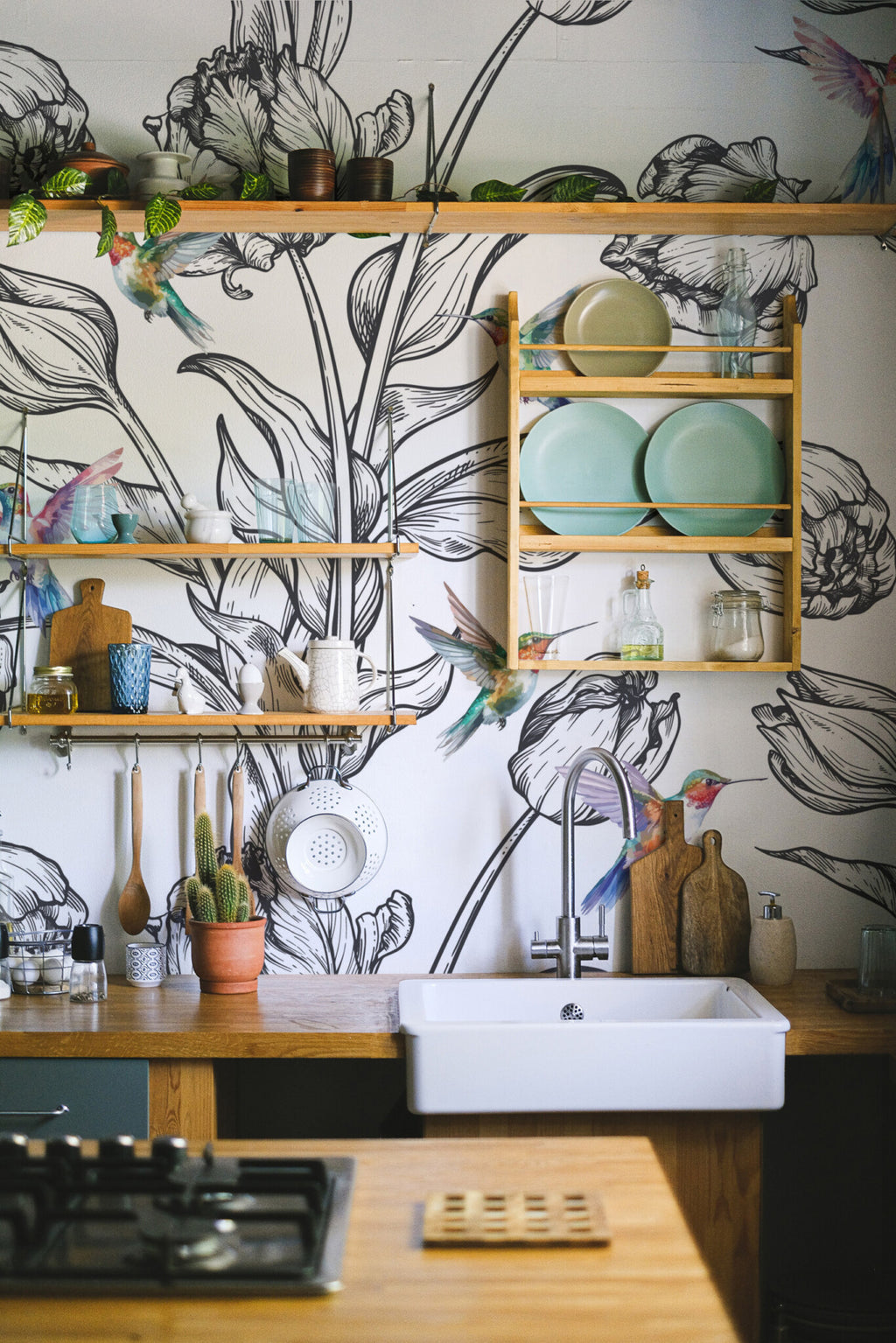The Céleste Mural | Botanical Ink & Hummingbirds