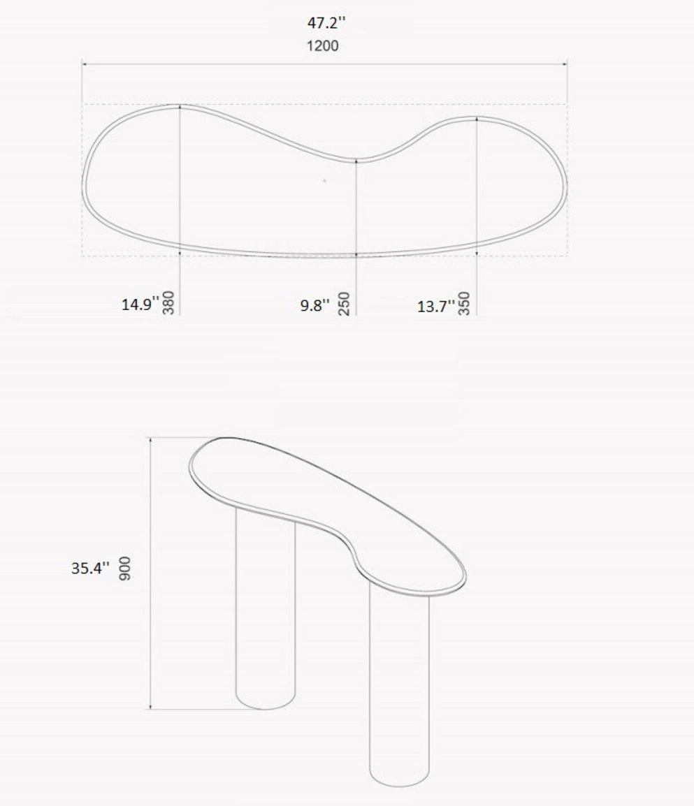 Technical drawing of the Céleste Console showing top-down and side-profile dimensions in inches and millimeters.