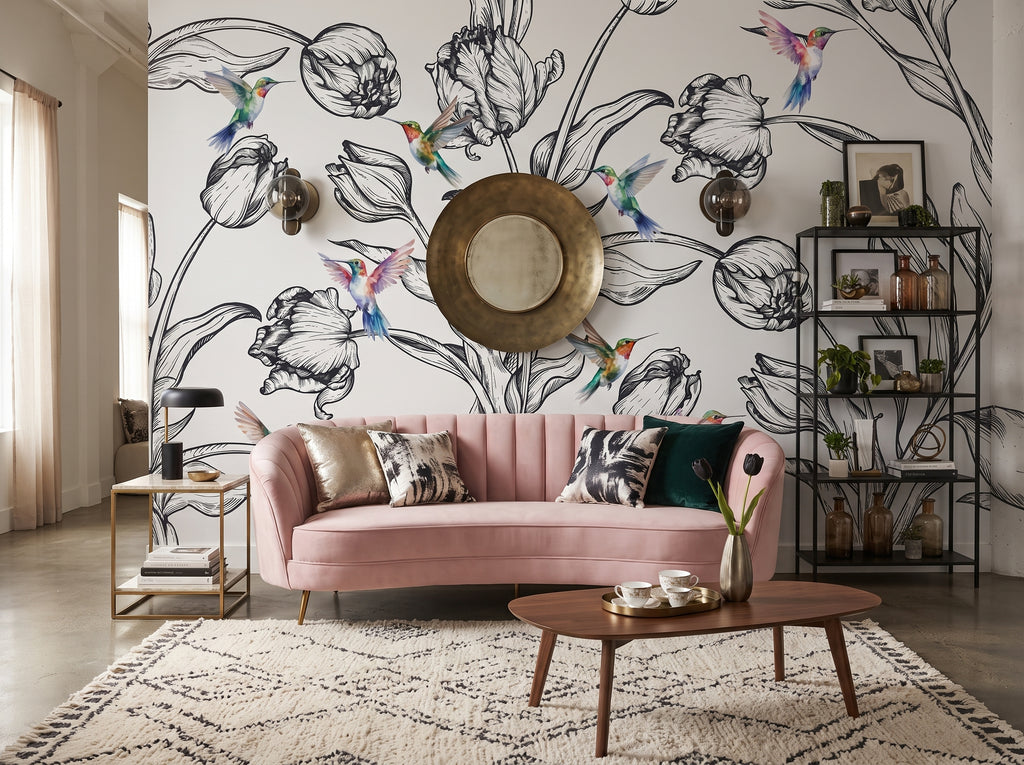 The Céleste Mural | Botanical Ink & Hummingbirds