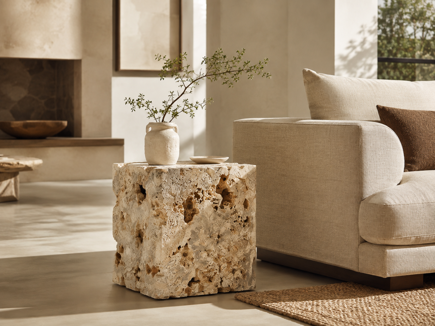 The Palu End Table in solid Romano Fosse travertine styled in a modern living room.