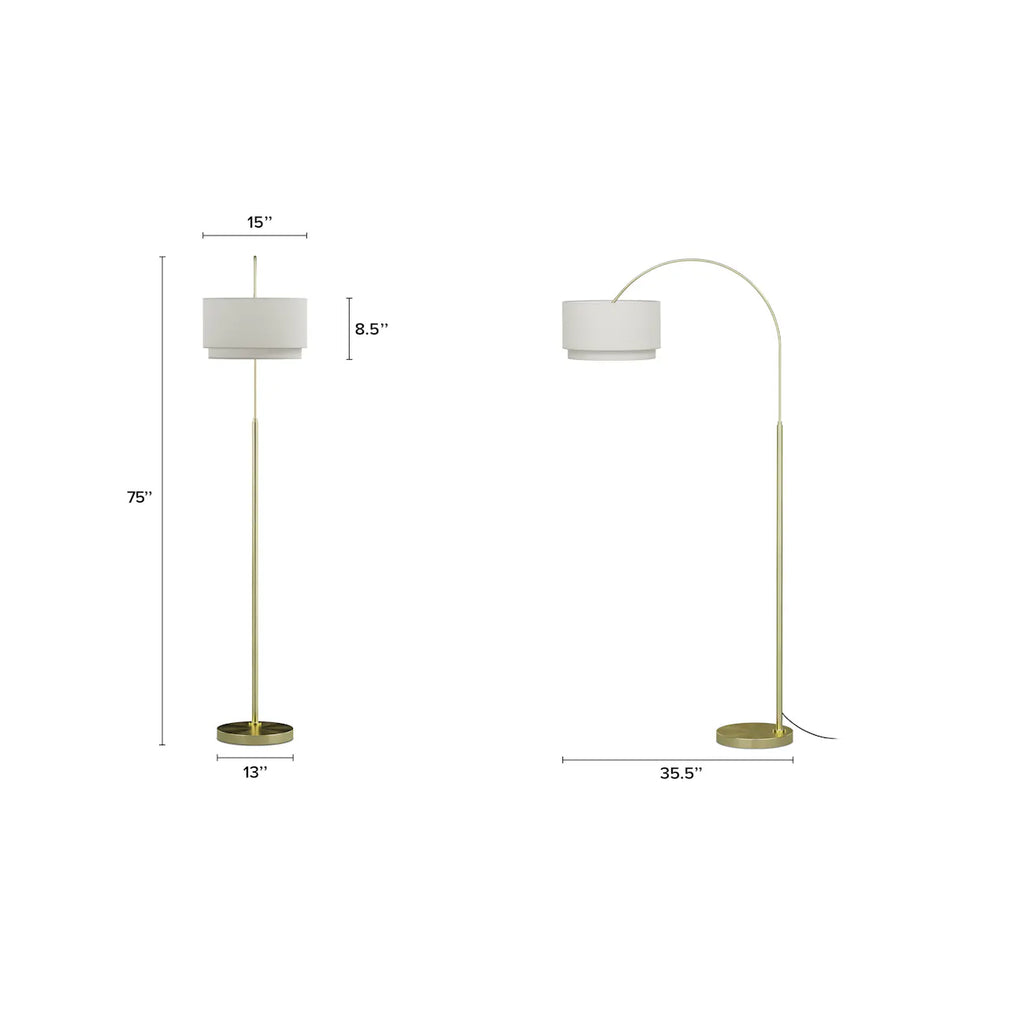 Diagram showing the Constance Floor Lamp's 75-inch height and 35.5-inch arc reach