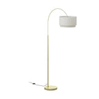 Brass arc floor lamp with a double-tier ecru linen drum shade, front view