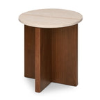 Round travertine top side table on a walnut cross-base, three-quarter view