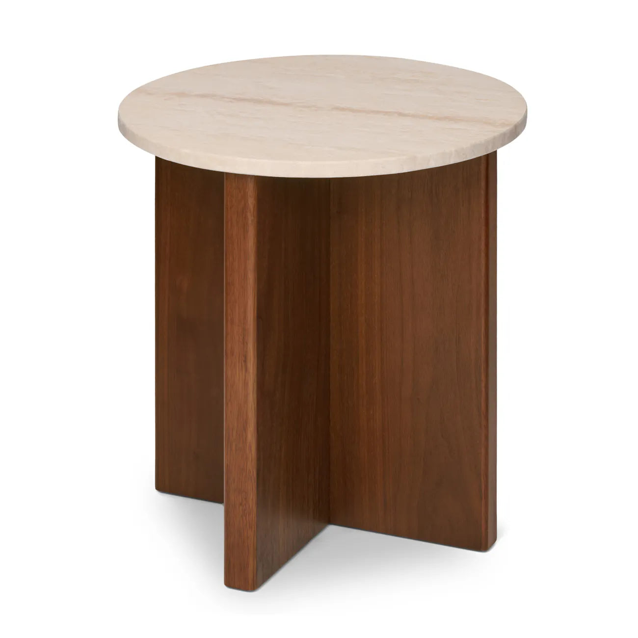 Round travertine top side table on a walnut cross-base, three-quarter view