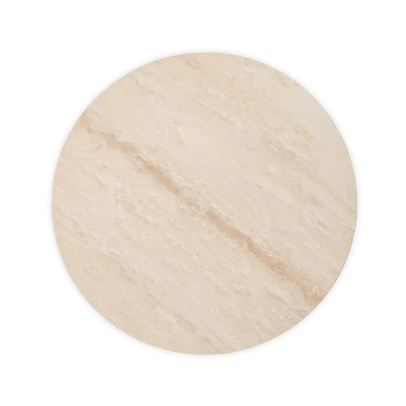 Overhead view of the round travertine tabletop showing natural stone variation