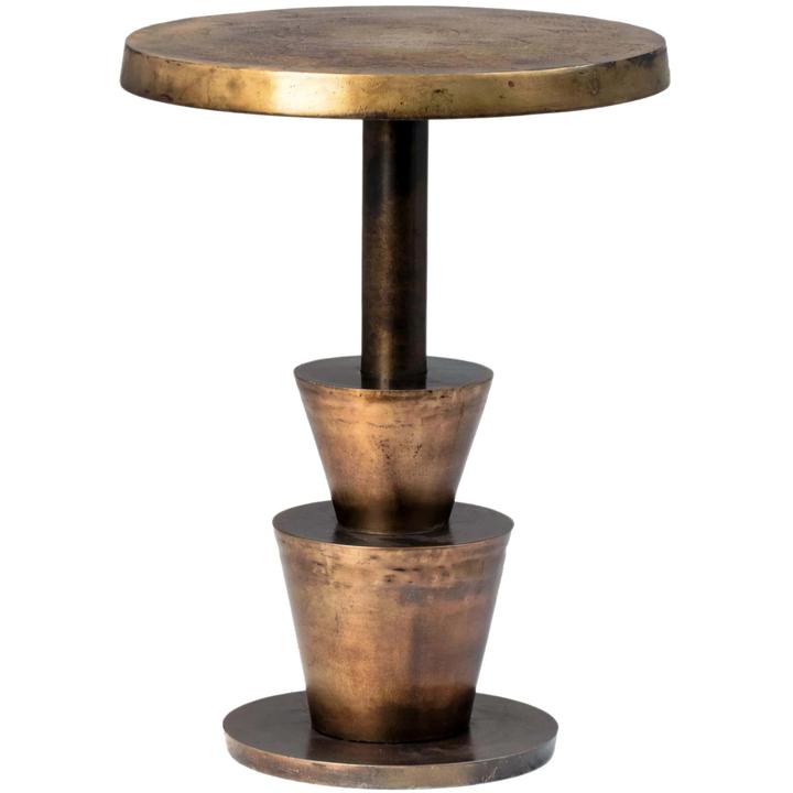 Full view of the Victoire Side Table showing its round top, slender stem, stacked tapered pedestal forms, and antique-brass finish.
