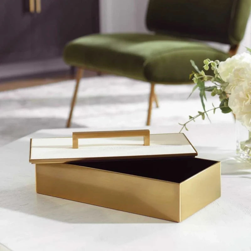The Constance Decorative Box styled in a refined contemporary interior, showing its realistic scale and material character in room context.