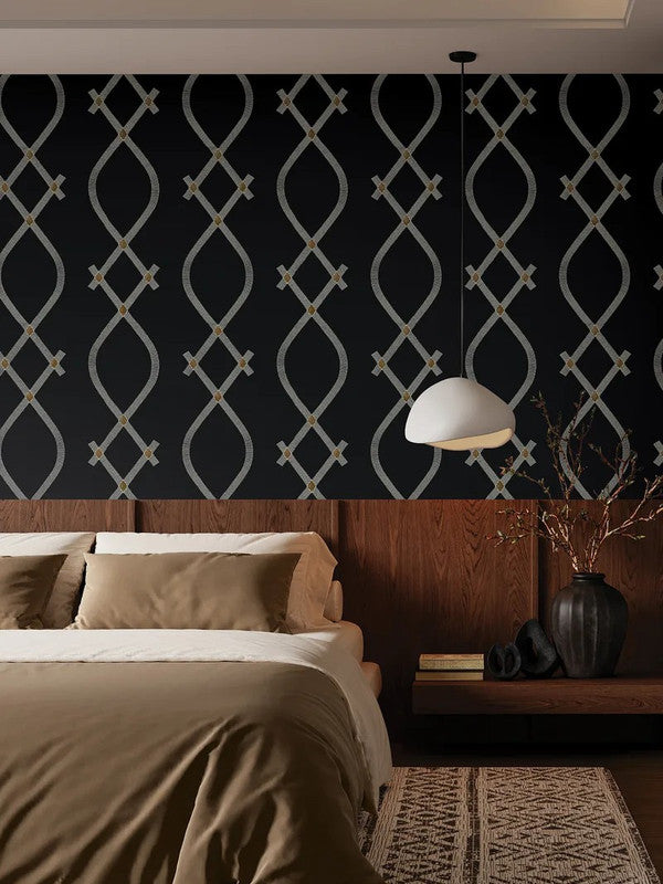 Ellena Black wallpaper close-up showing fine interlacing lines and layered geometry