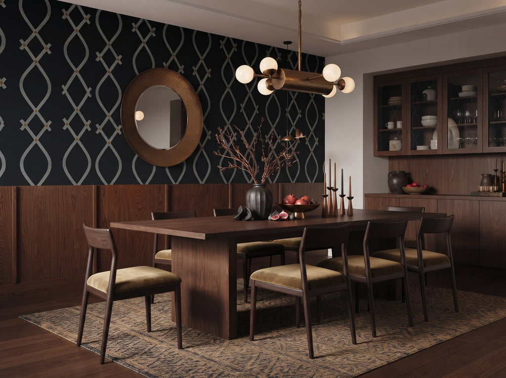 Ellena Black wallpaper, repeating diamond and striped ogee pattern in black pearl and gold