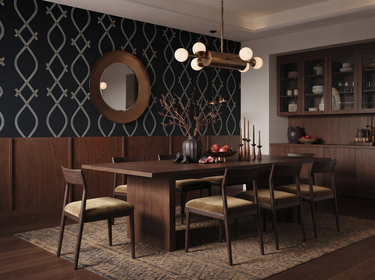 Ellena Black wallpaper, repeating diamond and striped ogee pattern in black pearl and gold