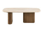Front view of the Elodie Coffee Table highlighting the chamfered, faceted edges of its oak panel legs.