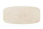 Overhead view of the Elodie Coffee Table's organically shaped travertine top, showing natural veining and bullnose edge.